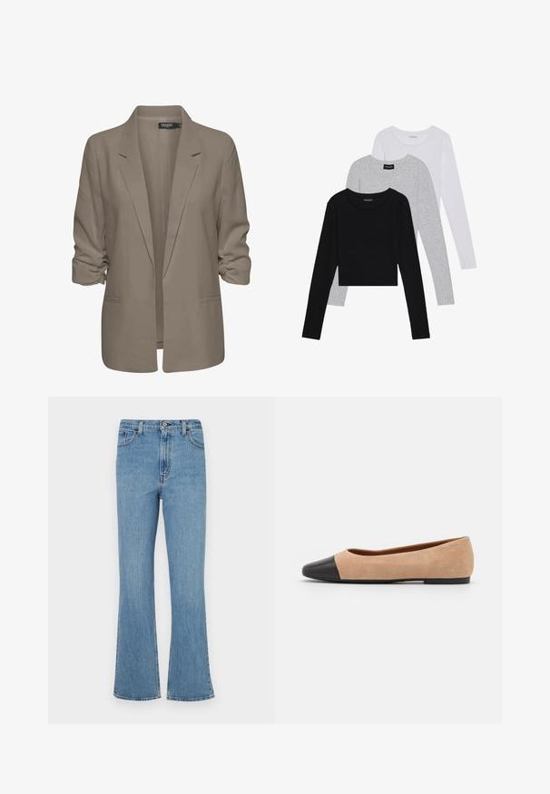 Blazer bej, cu croi lejer, fabrică netedă, are mâneci suflate, două buzunare laterale și un design cu rever zimțat.; Trei bluze cu mânecă lungă așezate: neagră, gri și albă. Fiecare are un guler rotund și un design scurt, realizat dintr-un material fin și ușor.; Blugi din denim de un albastru deschis, cu o croială evazată și talie înaltă, având cinci buzunare, bucle pentru curea și un finisaj estompat.; Baletă din suede bej cu vârf rotund din piele neagră, toc jos și textură netedă, având cusături minime și un design curat.