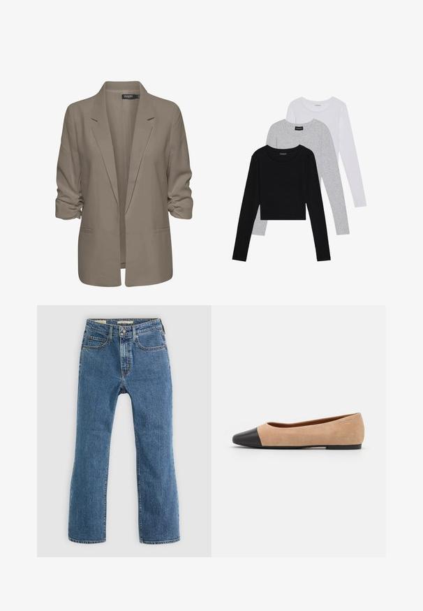 Blazer bej, cu croi lejer, fabrică netedă, are mâneci suflate, două buzunare laterale și un design cu rever zimțat.; Trei bluze cu mânecă lungă așezate: neagră, gri și albă. Fiecare are un guler rotund și un design scurt, realizat dintr-un material fin și ușor.; Jeans din denim albastru cu un design drept. Au cinci buzunare, un sistem standard de închidere cu nasture și fermoar și accente de cusătură vizibile.; Baletă din suede bej cu vârf rotund din piele neagră, toc jos și textură netedă, având cusături minime și un design curat.