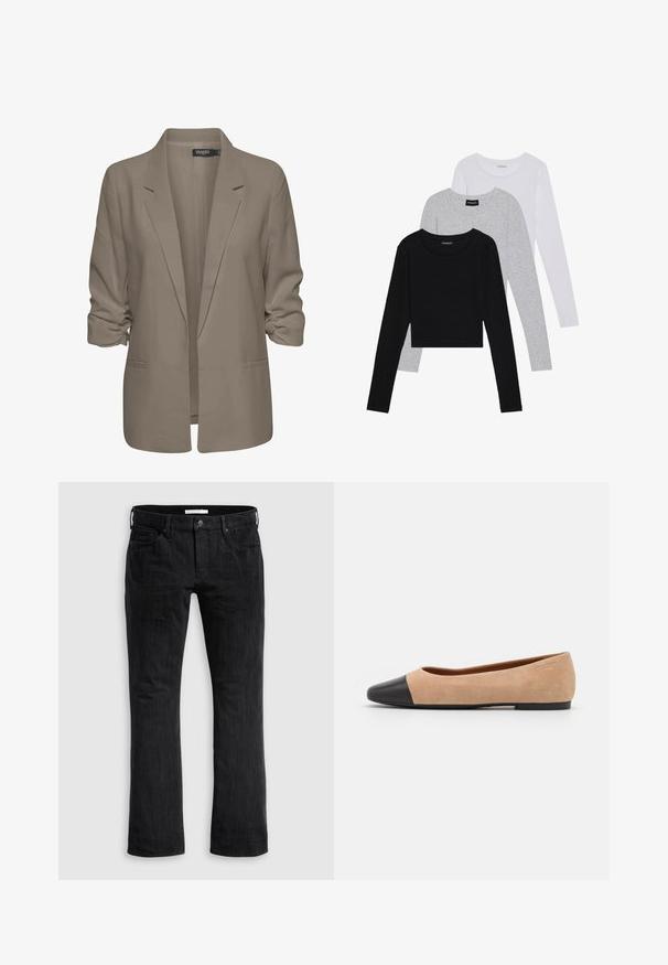 Beige, lockere Blazer aus glattem Stoff, mit umgeschlagenen Ärmeln, zwei seitlichen Taschen und einemreversierten Kragen.; Drei langärmelige Oberteile gestapelt: schwarz, grau und weiß. Jedes hat einen runden Halsausschnitt und ein kurzes Design aus glattem, leichtem Stoff.; Schwarze Denim-Jeans mit geradem Bein Schnitt, ausgestattet mit einem klassischen Fünf-Taschen-Design, subtiler vertikaler Textur und vorderem Knopfverschluss.; Beige Wildleder Ballerina mit einer runden Zehenkappe aus schwarzem Leder, niedrigem Absatz und glatter Textur, mit minimaler Nahtverarbeitung und klarem Design.