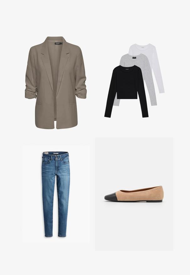Blazer beige de corte holgado, hecho de tela suave, presenta mangas enrolladas, dos bolsillos laterales y un diseño de solapa muesca.; Tres camisetas de manga larga apiladas: negra, gris y blanca. Cada una tiene un escote redondo y un diseño recortado con una tela suave y ligera.; Vaqueros ajustados de cintura alta en denim azul claro. Presenta cinco bolsillos, cierre delantero con botón y detalle de costura clásica en todo su diseño.; Bailarina de ante beige con una puntera redondeada de cuero negro, tacón bajo y textura suave, que presenta costuras mínimas y un diseño limpio.