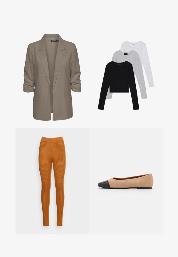 Béžový voľný sako, vyrobené z hladkej látky, má zrolované rukávy, dve bočné vrecká a design so zárezom na klopách.; Tričko s dlhým rukávom v troch farbách: čiernej, sivej a bielej. Každé má okrúhly výstrih a skrátený strih vyrobený z hladkej, ľahkej tkaniny.; Hladké legíny v teplej oranžovej farbe, s vysokým pásom. Vyrobené z mäkkej tkaniny s vertikálnou textúrou, poskytujúcimi tesné priliehanie.; Béžové semišové baletky s čiernou koženou okrúhlou špičkou, nízkym podpätkom a hladkou textúrou, s minimálnym prešívaním a čistým dizajnom.