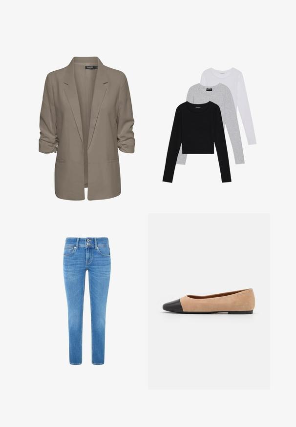 Beige lõdvalt istuv bleiser, valmistatud siledast kangast, millel on üleskeeratud varrukad, kaks küljetaskut ja lõikega krae.; Kolm pikkade varrukatega toppi, mis on üksteise peale asetatud: must, hall ja valge. Igal ühel on ümar kaelus ja lühike disain, valmistatud siledast, kergekaalulisest kangast.; Heledad sinise värvi teksad, sirge lõikega, valmistatud denimist. Omab vööl kahte nuppu, kerget kulumist ja viie taskuga disaini.; Beežist nubukist balletkingad musta nahast ümara ninaotsaga, madala kanna ja siledaga, millel on minimaalne õmblus ja lihtne disain.