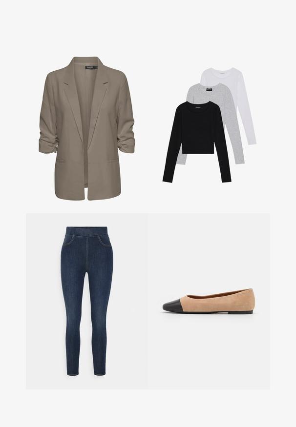Béžový voľný sako, vyrobené z hladkej látky, má zrolované rukávy, dve bočné vrecká a design so zárezom na klopách.; Tričko s dlhým rukávom v troch farbách: čiernej, sivej a bielej. Každé má okrúhly výstrih a skrátený strih vyrobený z hladkej, ľahkej tkaniny.; Tmavomodré denim jeggings so zvýšeným pásom, úzkym strihom a jemným vyblednutím. Obsahujú predné vrecká a hladkú, jemnú textúru.; Béžové semišové baletky s čiernou koženou okrúhlou špičkou, nízkym podpätkom a hladkou textúrou, s minimálnym prešívaním a čistým dizajnom.