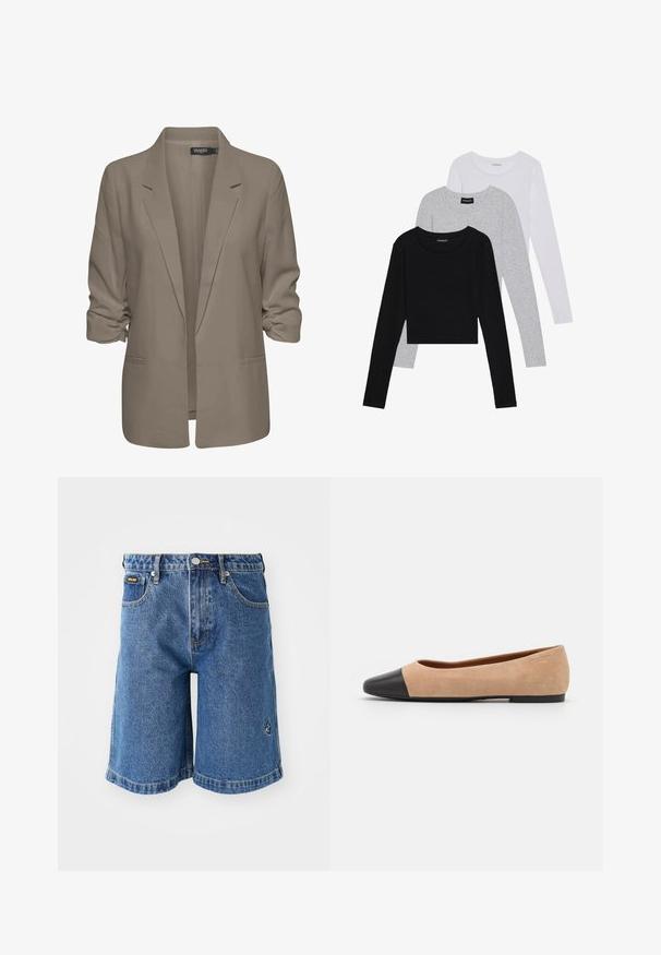 Beige löysä istuva bleiseri, joka on valmistettu sileästä kankaasta, sisältää käännetyt hihansuut, kaksi sivutaskua ja viiltoverhoillun kauluksen muotoilun.; Kolme pitkähihasta paita päällekkäin: musta, harmaa ja valkoinen. Jokaisessa on pyöreä pääntie ja lyhennetty muotoilu, jossa on sileä ja kevyt kangas.; Farkkushortsit sinisessä, joissa on suora leikkaus, viisi taskua ja erottuva keltainen ommel. Vasemmalla puolella on pieni logo.; Beige mokkasiner i semsket skinn med svart lær ved tuppen, lav hæl og glatt tekstur, med minimal søm og et rent design.