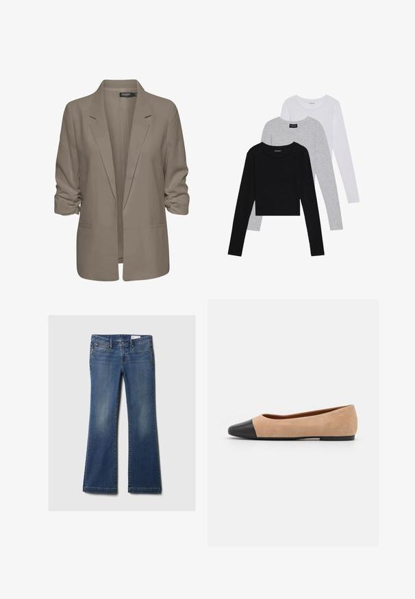 Beige lõdvalt istuv bleiser, valmistatud siledast kangast, millel on üleskeeratud varrukad, kaks küljetaskut ja lõikega krae.; Kolm pikkade varrukatega toppi, mis on üksteise peale asetatud: must, hall ja valge. Igal ühel on ümar kaelus ja lühike disain, valmistatud siledast, kergekaalulisest kangast.; Sinine denim lõhiku teksapüksid viie taskuga, vasknupud, kerge kulumine ja klassikaline vöökoht. Otse lõigatud serv all.; Beežist nubukist balletkingad musta nahast ümara ninaotsaga, madala kanna ja siledaga, millel on minimaalne õmblus ja lihtne disain.