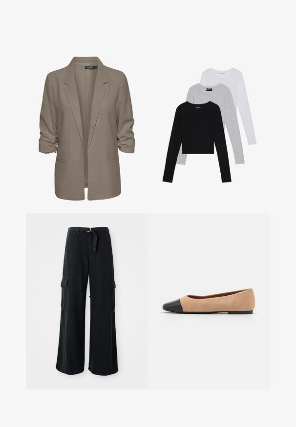 Bež jakna slobodnog kroja, izrađena od glatkog materijala, ima podvrnute rukave, dva bočna džepa i dizajn s izrezanim reverom.; Tri dugih rukava posložena: crna, siva i bijela. Svaka ima okrugli izrez i skrateni kroj s glatkom, laganom tkaninom.; Crne široke cargo hlače od pamuka s remenom za vezivanje, koje imaju dva bočna džepa i glatku teksturu tkanine.; Bež balerinke od suede materijala s crnim kožnim zaobljenim vrhom, niskom potpeticom i glatkom površinom, s minimalnim šavovima i čistim dizajnom.