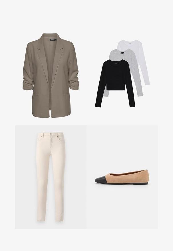 Bézs színű, laza szabású blézer, sima anyagból készült, felgÖngyölt ujjakkal, két oldalsó zsebbel és cakkos rever kialakítással.; Három hosszú ujjú póló egymásra rakva: fekete, szürke és fehér. Mindegyiknek kerek nyaka van, és rövidített fazonnal rendelkezik, sima, könnyű anyagból készült.; Beige, skinny farmer who cotton keverékből készült. Klasszikus öt zsebes dizájnnal, elülső cipzárral és gombos záródással rendelkezik.; Beige velúr balettcipő fekete bőr kerek orral, alacsony sarokkal és sima textúrával, minimális varrással és letisztult dizájnnal.