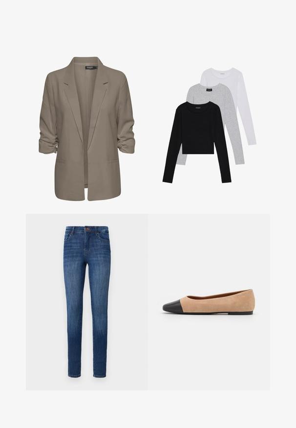 Blazer beige ample, fabriqué en tissu lisse, présente des manches retroussées, deux poches latérales et un design à revers.; Trois hauts à manches longues empilés : noir, gris et blanc. Chacun a un col rond et un design court avec un tissu lisse et léger.; Jean en denim bleu slim fit avec un design classique à cinq poches et une fermeture à bouton, présenté sur un fond blanc.; Ballet flat en suédine beige avec un embout rond en cuir noir, petit talon et texture lisse, présentant des coutures minimales et un design épuré.