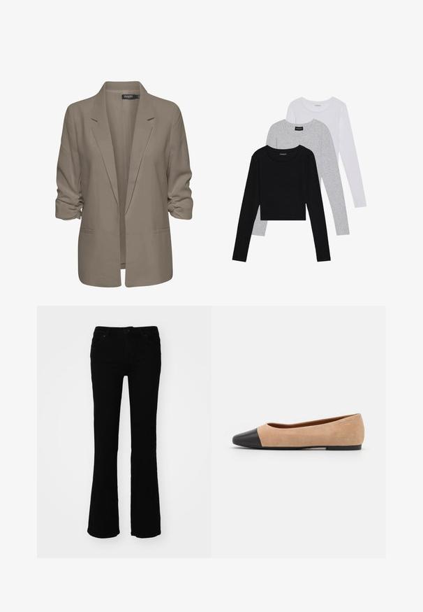 Blazer bej, cu croi lejer, fabrică netedă, are mâneci suflate, două buzunare laterale și un design cu rever zimțat.; Trei bluze cu mânecă lungă așezate: neagră, gri și albă. Fiecare are un guler rotund și un design scurt, realizat dintr-un material fin și ușor.; Jeans negri evazați din denim, având o talie medie, cinci buzunare și detalii de cusătură subtile pe buzunarele din spate.; Baletă din suede bej cu vârf rotund din piele neagră, toc jos și textură netedă, având cusături minime și un design curat.