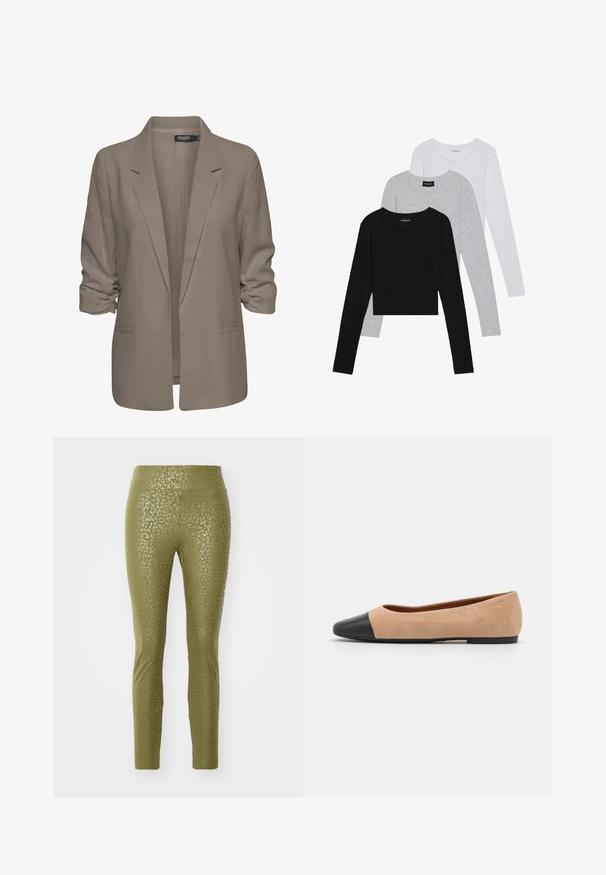 Blazer beige de corte holgado, hecho de tela suave, presenta mangas enrolladas, dos bolsillos laterales y un diseño de solapa muesca.; Tres camisetas de manga larga apiladas: negra, gris y blanca. Cada una tiene un escote redondo y un diseño recortado con una tela suave y ligera.; Leggings verde oliva con un sutil patrón de leopardo, fabricados con un material elástico de textura suave y diseño ajustado.; Bailarina de ante beige con una puntera redondeada de cuero negro, tacón bajo y textura suave, que presenta costuras mínimas y un diseño limpio.
