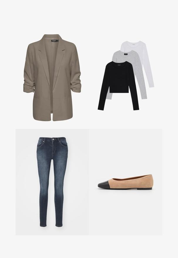 Bézs színű, laza szabású blézer, sima anyagból készült, felgÖngyölt ujjakkal, két oldalsó zsebbel és cakkos rever kialakítással.; Három hosszú ujjú póló egymásra rakva: fekete, szürke és fehér. Mindegyiknek kerek nyaka van, és rövidített fazonnal rendelkezik, sima, könnyű anyagból készült.; Sötétkék, skinny farmernadrág, elülső zsebekkel, cipzáras résszel és ezüst gombos zárással. Finom kopásokkal és elhalványodással rendelkezik.; Beige velúr balettcipő fekete bőr kerek orral, alacsony sarokkal és sima textúrával, minimális varrással és letisztult dizájnnal.