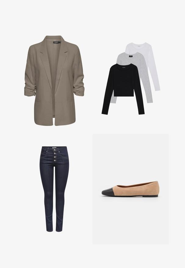 Beige volný blejzr, vyrobený z hladké tkaniny, má ohrnuté rukávy, dvě boční kapsy a klopový design.; Tři trička s dlouhým rukávem naskládaná na sobě: černé, šedé a bílé. Každé má kulatý výstřih a kratší střih z hladkého, lehkého materiálu.; Tmavě modré skinny džíny z denimové látky. Mají pětice tlačítek na předním zapínání, přední kapsy a těsně přiléhající design s mírným elastickým efektem.; Béžové semišové baleríny s černou koženou kulatou špičkou, nízkým podpatkem a hladkým povrchem, s minimálním prošíváním a čistým designem.