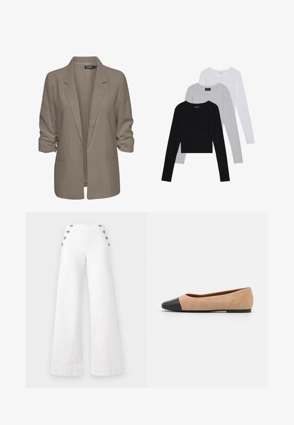Bež srajcni blazer, ohlapen kroj, izdelan iz gladkega materiala, z zavitimi rokavi, dvema stranskima žepoma in zareznim ovratnikom.; Tri dolga rokava zložena: črna, siva in bela. Vsaka ima okroglo izreznico in skrajšan dizajn z gladkim, lahkotnim materialom.; Beli široki hlače iz bombaža, ki imajo velike okrasne gumbe ob straneh, s gladko teksturo in čistimi šivi.; Bež suedska baletna obutev s črnim usnjenim okroglim delom na prstih, nizko peto in gladko teksturo, ki se ponaša z minimalnimi šivi in čistim dizajnom.