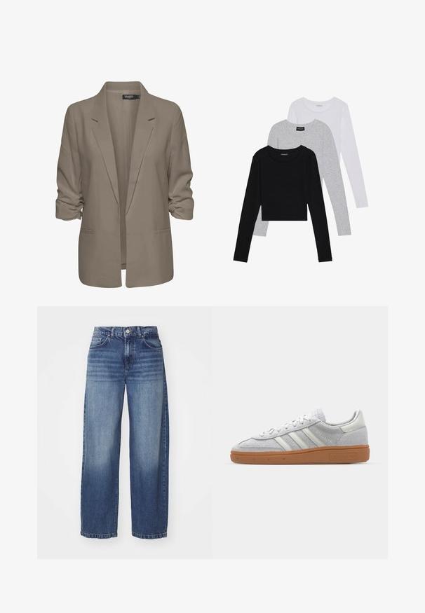 Beige löysä istuva bleiseri, joka on valmistettu sileästä kankaasta, sisältää käännetyt hihansuut, kaksi sivutaskua ja viiltoverhoillun kauluksen muotoilun.; Kolme pitkähihasta paita päällekkäin: musta, harmaa ja valkoinen. Jokaisessa on pyöreä pääntie ja lyhennetty muotoilu, jossa on sileä ja kevyt kangas.; Laadukkaat väljät denim-farkut keskipitkässä sinisessä pesussa. Varustettu viidellä taskulla, erottuvalla ompelulla ja nappikiinnityksellä. Pehmeä kangas ja repsottava helma.; Vaaleanharmaat mokkanahkakengät, joissa on valkoiset nahkaosat, kolme valkoista raitaa ja ruskea kumipohja, ja joissa on pehmustettu varsi mukavuutta varten.