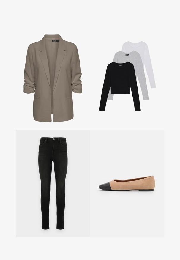 Smėlinis laisvas blazeris, pagamintas iš lygios medžiagos, turi suktus rankovės, dvi šonines kišenes ir įpjautą apykaklę.; Trijų ilgomis rankovėmis marškinėlių krūva: juodas, pilkas ir baltas. Kiekvienas turi apvalų iškirpimą ir trumpą dizainą, pagamintas iš lygaus, lengvo audinio.; Juodos plonos džinsinės kelnės. Klasikinis penkių kišenių dizainas su užtrauktuku ir mygtuku. Lygus paviršius ir prigludusi siluetas.; Šviesiai rudas zomšiniai baleto bateliai su juodu odiniu suapvalintu pirštu, maža pakulne ir lygia tekstūra, su minimaliai siūlėmis ir tvarkingu dizainu.