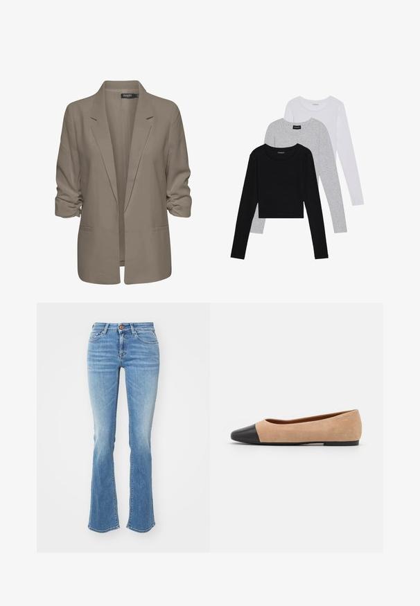 Blazer beige de corte holgado, hecho de tela suave, presenta mangas enrolladas, dos bolsillos laterales y un diseño de solapa muesca.; Tres camisetas de manga larga apiladas: negra, gris y blanca. Cada una tiene un escote redondo y un diseño recortado con una tela suave y ligera.; Jeans acampanados de color azul claro con una textura desgastada, que cuentan con cinco bolsillos, presillas para cinturón y un botón de bronce en la cintura.; Bailarina de ante beige con una puntera redondeada de cuero negro, tacón bajo y textura suave, que presenta costuras mínimas y un diseño limpio.