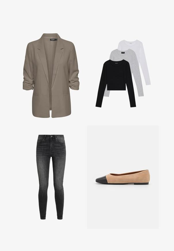 Blazer beige de corte holgado, hecho de tela suave, presenta mangas enrolladas, dos bolsillos laterales y un diseño de solapa muesca.; Tres camisetas de manga larga apiladas: negra, gris y blanca. Cada una tiene un escote redondo y un diseño recortado con una tela suave y ligera.; Vaqueros skinny negros de mezclilla, con una cintura alta, cinco bolsillos, costuras clásicas y un sutil desgastado para aportar textura.; Bailarina de ante beige con una puntera redondeada de cuero negro, tacón bajo y textura suave, que presenta costuras mínimas y un diseño limpio.