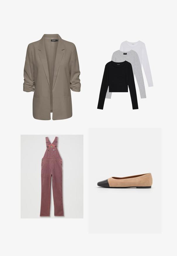 Beige lõdvalt istuv bleiser, valmistatud siledast kangast, millel on üleskeeratud varrukad, kaks küljetaskut ja lõikega krae.; Kolm pikkade varrukatega toppi, mis on üksteise peale asetatud: must, hall ja valge. Igal ühel on ümar kaelus ja lühike disain, valmistatud siledast, kergekaalulisest kangast.; Punase triibulised denim üleüldiselt, millel on reguleeritavad õlapaelad, suur esi-tasku ja küljetaskud. Omab metallist detaile ja tikkitud serva.; Beežist nubukist balletkingad musta nahast ümara ninaotsaga, madala kanna ja siledaga, millel on minimaalne õmblus ja lihtne disain.