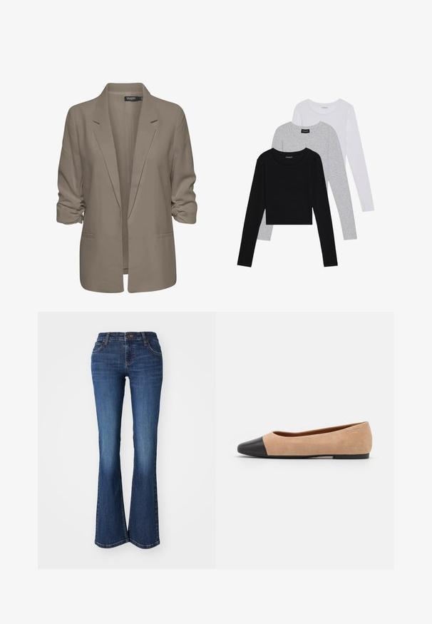 Beżowa, luźno dopasowana marynarka, wykonana z gładkiego materiału, z podwiniętymi rękawami, dwoma bocznymi kieszeniami i klapami w stylu notch.; Trzy bluzki z długim rękawem ułożone jedna na drugiej: czarna, szara i biała. Każda z okrągłym dekoltem i skróconym fasonem, wykonana z gładkiego, lekkiego materiału.; Spodnie dżinsowe w kolorze średniego niebieskiego z rozszerzanymi nogawkami, charakteryzujące się gładką fakturą, średnim stanem oraz tradycyjnym pięciopocketowym krojem z metalowymi akcentami.; Beżowe zamszowe baleriny z czarnym skórzanym okrągłym noskiem, niskim obcasem i gładką teksturą, charakteryzujące się minimalnym przeszyciem i prostym designem.