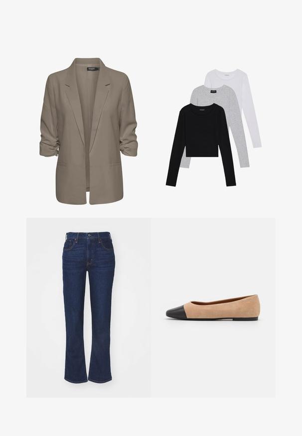 Bežs brīvā piegriezuma žakete, izgatavota no gludas auduma, ar sarullētām piedurknēm, divām sānu kabatām un ar iedziļinātu apkakles dizainu.; Trīs garām piedurknēm veidotas augšdaļas, sakrautās: melna, pelēka un balta. Katram ir noapaļots kakla izgriezums un īsa dizaina forma ar gludu, vieglu audumu.; Tumši zili džinsi ar platām kājām, augstā vidukļa līmenī, ar piecu kabatu dizainu, kontrastējošām šuvēm un pogu aizdari. Viegla tekstūra.; Beigā zamšādas balerīnas ar melnu ādas noapaļotu purngalu, zemu papēdi un gludu tekstūru, ar minimālu dūrienu un tīru dizainu.