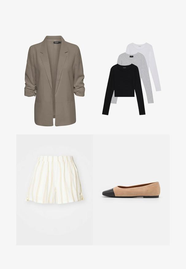 Bežs brīvā piegriezuma žakete, izgatavota no gludas auduma, ar sarullētām piedurknēm, divām sānu kabatām un ar iedziļinātu apkakles dizainu.; Trīs garām piedurknēm veidotas augšdaļas, sakrautās: melna, pelēka un balta. Katram ir noapaļots kakla izgriezums un īsa dizaina forma ar gludu, vieglu audumu.; Baltās šortus ar plānām dzeltenām vertikālām svītrām, elastīgu jostu un sānu atverēm. Izgatavoti no viegla, elpojoša auduma.; Beigā zamšādas balerīnas ar melnu ādas noapaļotu purngalu, zemu papēdi un gludu tekstūru, ar minimālu dūrienu un tīru dizainu.