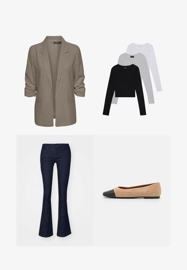 Blazer bej, cu croi lejer, fabrică netedă, are mâneci suflate, două buzunare laterale și un design cu rever zimțat.; Trei bluze cu mânecă lungă așezate: neagră, gri și albă. Fiecare are un guler rotund și un design scurt, realizat dintr-un material fin și ușor.; Blugi evazați din denim închis, cu talie medie, dotate cu buzunare frontale și închidere cu buton. Textură netedă și finisaj curat.; Baletă din suede bej cu vârf rotund din piele neagră, toc jos și textură netedă, având cusături minime și un design curat.