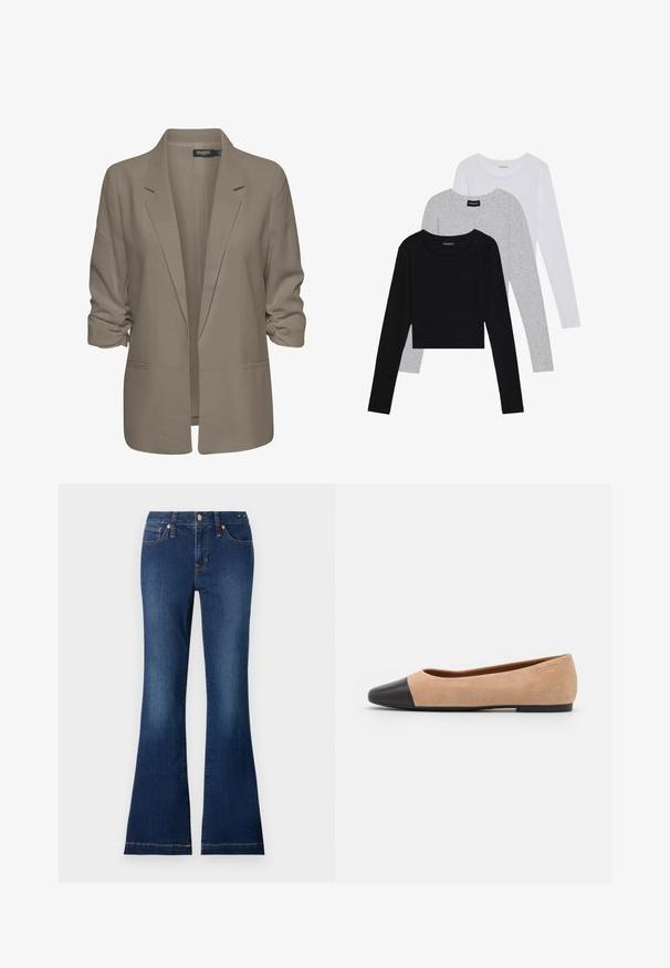 Blazer beige ample, fabriqué en tissu lisse, présente des manches retroussées, deux poches latérales et un design à revers.; Trois hauts à manches longues empilés : noir, gris et blanc. Chacun a un col rond et un design court avec un tissu lisse et léger.; Jean en denim évasés de couleur bleu foncé, comprenant des poches avant, des boutons en métal et des détails de couture subtils. Tissu en coton avec une texture lisse.; Ballet flat en suédine beige avec un embout rond en cuir noir, petit talon et texture lisse, présentant des coutures minimales et un design épuré.