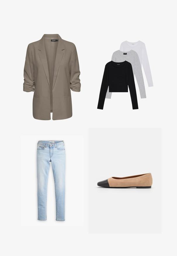 Bézs színű, laza szabású blézer, sima anyagból készült, felgÖngyölt ujjakkal, két oldalsó zsebbel és cakkos rever kialakítással.; Három hosszú ujjú póló egymásra rakva: fekete, szürke és fehér. Mindegyiknek kerek nyaka van, és rövidített fazonnal rendelkezik, sima, könnyű anyagból készült.; Világoskék farmernadrág, slim fit fazonnal, középmagas derékkal, öt zsebes dizájnnal és finom kopásokkal a lábak mentén. Klasszikus gombos és cipzáras záródás.; Beige velúr balettcipő fekete bőr kerek orral, alacsony sarokkal és sima textúrával, minimális varrással és letisztult dizájnnal.
