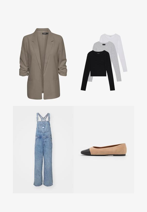 Beige volný blejzr, vyrobený z hladké tkaniny, má ohrnuté rukávy, dvě boční kapsy a klopový design.; Tři trička s dlouhým rukávem naskládaná na sobě: černé, šedé a bílé. Každé má kulatý výstřih a kratší střih z hladkého, lehkého materiálu.; Džínové šortky světle modré barvy s volným střihem, širokými nohavicemi, nastavovacími popruhy a předními a zadními kapsami s detailem štítku.; Béžové semišové baleríny s černou koženou kulatou špičkou, nízkým podpatkem a hladkým povrchem, s minimálním prošíváním a čistým designem.