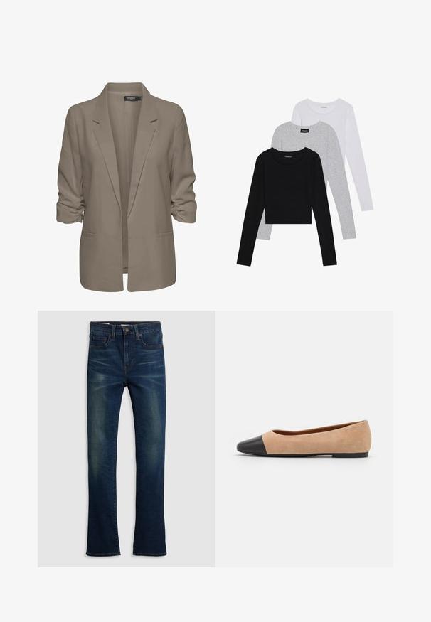 Bežs brīvā piegriezuma žakete, izgatavota no gludas auduma, ar sarullētām piedurknēm, divām sānu kabatām un ar iedziļinātu apkakles dizainu.; Trīs garām piedurknēm veidotas augšdaļas, sakrautās: melna, pelēka un balta. Katram ir noapaļots kakla izgriezums un īsa dizaina forma ar gludu, vieglu audumu.; Tumši zili džinsi ar taisnu kāju dizainu, piecu kabatu stilu un smalko izbalēšanu priekšpusē.; Beigā zamšādas balerīnas ar melnu ādas noapaļotu purngalu, zemu papēdi un gludu tekstūru, ar minimālu dūrienu un tīru dizainu.