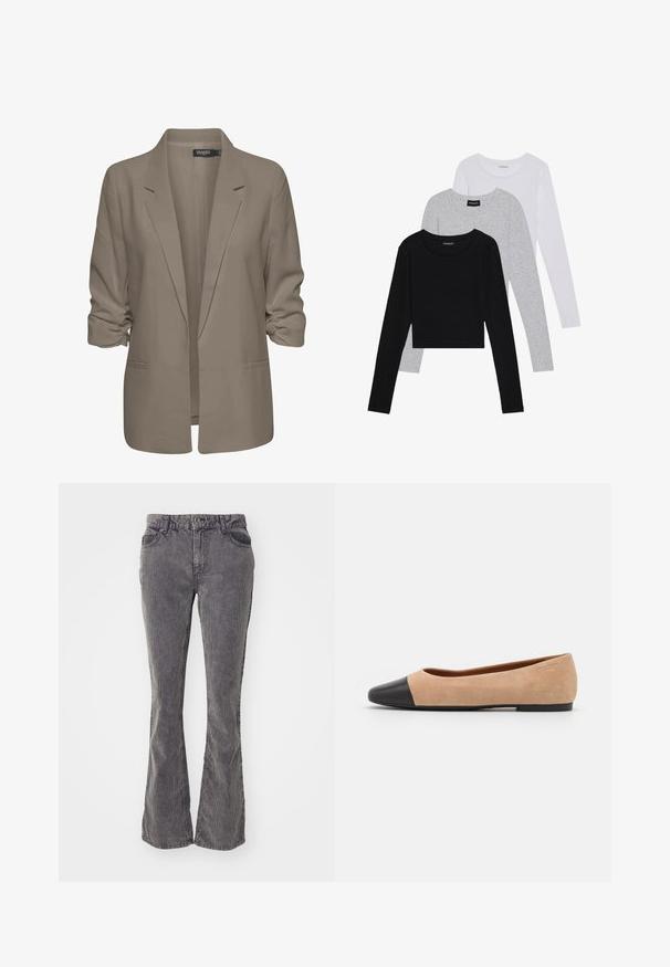 Beige, losse blazer van een gladde stof, met opgerolde mouwen, twee zijzakken en een geknipt revers ontwerp.; Drie langmouwige tops gestapeld: zwart, grijs en wit. Elke top heeft een ronde halslijn en een cropped ontwerp van soepel, lichtgewicht materiaal.; Grijze flared jeans van denim, met een klassieke vijf-pocket ontwerp, vervaagde lijnen, en een knoop- en ritssluiting bij de taille.; Beige suède ballet flats met een zwarte leren ronde neuskap, lage hak en een gladde textuur, met minimale stiksels en een schone uitstraling.