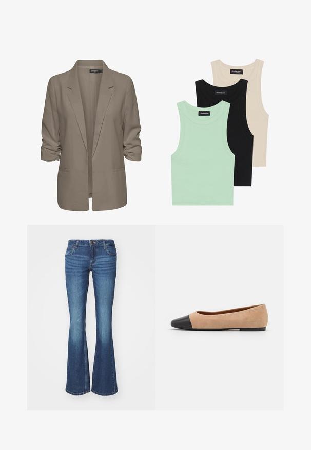 Blazer bej, cu croi lejer, fabrică netedă, are mâneci suflate, două buzunare laterale și un design cu rever zimțat.; Trei tricouri fără mâneci, în nuanțe de verde mentă, negru și bej; realizate dintr-o țesătură ribată, cu gât rotund. Eticheta mărcii este vizibilă.; Jeans evazate din denim albastru mediu. Prezintă un fermoar cu un buton metalic, două buzunare frontale și detalii de decolorare aproape de genunchi.; Baletă din suede bej cu vârf rotund din piele neagră, toc jos și textură netedă, având cusături minime și un design curat.