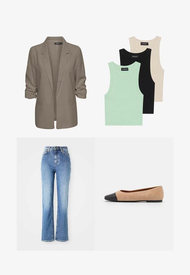 Beige lõdvalt istuv bleiser, valmistatud siledast kangast, millel on üleskeeratud varrukad, kaks küljetaskut ja lõikega krae.; Kolm t-särki mentool verdes, mustas ja beežis; ribakangast, ümmarguse kaelusega ja ilma varrukateta. Brändi silt on nähtav.; Kõrge vöökoht sinised teksad, millel on laienev jalg, kerge pesu, õrn pleekimine ja rebenenud servad klassikaliste tikandite detailidega.; Beežist nubukist balletkingad musta nahast ümara ninaotsaga, madala kanna ja siledaga, millel on minimaalne õmblus ja lihtne disain.