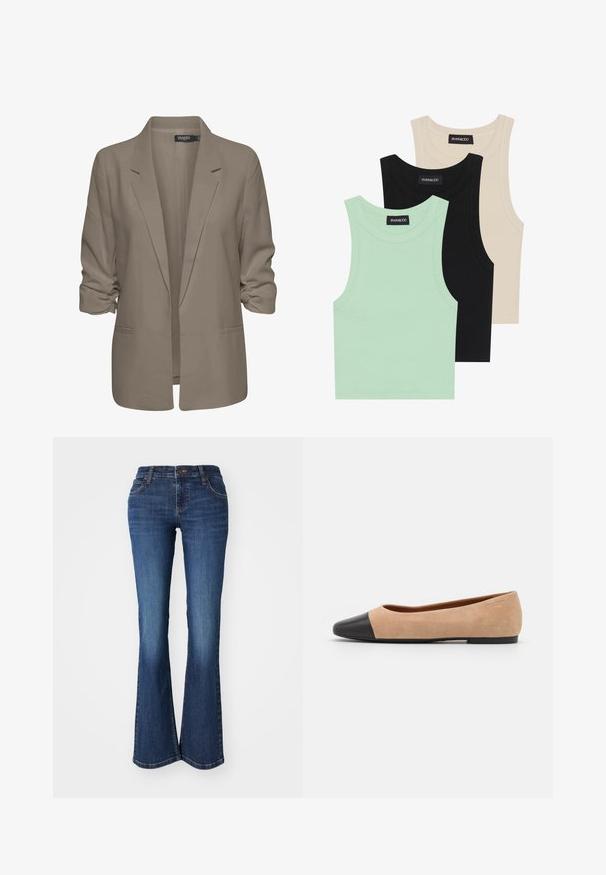 Beige löysä istuva bleiseri, joka on valmistettu sileästä kankaasta, sisältää käännetyt hihansuut, kaksi sivutaskua ja viiltoverhoillun kauluksen muotoilun.; Kolme tanktoppi mintunvihreänä, mustana ja beigeenä; ribbikankaasta valmistettu, pyöreällä kaula-aukolla ja ilman hihoja. Brändilabel näkyvissä.; Farkku, joissa on levenevät lahkeet ja keskimääräinen sininen pesu, viehättävä pinta, keskitason vyötärö ja perinteinen viisi-taskumalli metallisilla yksityiskohdilla.; Beige mokkasiner i semsket skinn med svart lær ved tuppen, lav hæl og glatt tekstur, med minimal søm og et rent design.