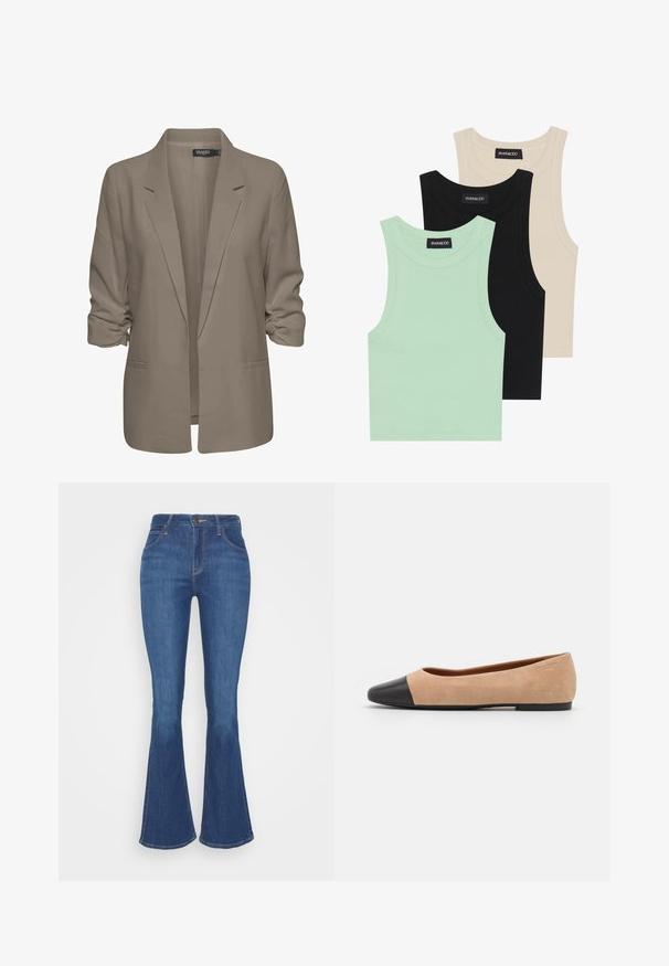 Bež srajcni blazer, ohlapen kroj, izdelan iz gladkega materiala, z zavitimi rokavi, dvema stranskima žepoma in zareznim ovratnikom.; Tri tanke s kratkimi rokavi v mint zeleni, črni in bež barvi; narejene iz rebrastih tkanin z okroglim izrezom in brez rokavov. Vidna oznaka blagovne znamke.; Temno modri flare jeans iz denima, z visokim pasom, sprednjimi žepi in vidnimi šivi. Klasična zasnova s petimi žepi.; Bež suedska baletna obutev s črnim usnjenim okroglim delom na prstih, nizko peto in gladko teksturo, ki se ponaša z minimalnimi šivi in čistim dizajnom.