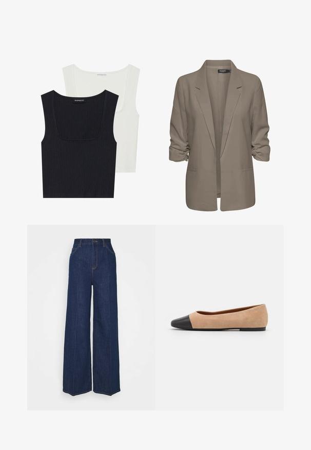 Beige, lockere Blazer aus glattem Stoff, mit umgeschlagenen Ärmeln, zwei seitlichen Taschen und einemreversierten Kragen.; Zwei gerippte Tanktops in Schwarz und Weiß. Beide haben einen quadratischen Ausschnitt, dünne Träger und einen weichen, strukturierten Stoff.; Hochtaillierte, weit geschnittene, dunkelblaue Jeans aus Denim mit Front- und Gesäßtaschen, Knopfverschluss und sichtbaren Nähdetails.; Beige Wildleder Ballerina mit einer runden Zehenkappe aus schwarzem Leder, niedrigem Absatz und glatter Textur, mit minimaler Nahtverarbeitung und klarem Design.