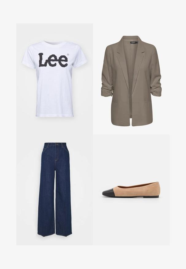 Beige löysä istuva bleiseri, joka on valmistettu sileästä kankaasta, sisältää käännetyt hihansuut, kaksi sivutaskua ja viiltoverhoillun kauluksen muotoilun.; Valkoinen puuvillainen t-paita, jossa on pyöreä kaula-aukko, lyhyet hihat ja suuri musta "Lee" -logo painettuna etupuolelle. Sujuva tekstuuri, normaali istuvuus.; Tummat siniset farkut, joissa on korkea vyötärö ja leveät lahkeet, etu- ja takataskut, nappisulku ja näkyvät ompeluyksityiskohdat.; Beige mokkasiner i semsket skinn med svart lær ved tuppen, lav hæl og glatt tekstur, med minimal søm og et rent design.
