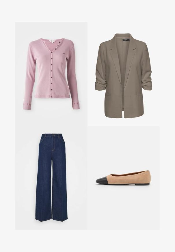 Blazer bej, cu croi lejer, fabrică netedă, are mâneci suflate, două buzunare laterale și un design cu rever zimțat.; Cardigan lung cu mânecă lungă, de culoare roz, cu decolteu în V, având nasturi maro pe față și un mic logo pe pieptul stâng.; Blugi din denim întunecat, cu talie înaltă și picioare largi, cu buzunare laterale și pe spate, închidere cu buton și detalii vizibile de cusătură.; Baletă din suede bej cu vârf rotund din piele neagră, toc jos și textură netedă, având cusături minime și un design curat.