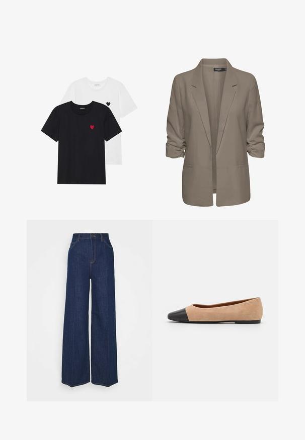 Beige, lockere Blazer aus glattem Stoff, mit umgeschlagenen Ärmeln, zwei seitlichen Taschen und einemreversierten Kragen.; Even&Odd 2 PACK - T-Shirt print - white/black; Hochtaillierte, weit geschnittene, dunkelblaue Jeans aus Denim mit Front- und Gesäßtaschen, Knopfverschluss und sichtbaren Nähdetails.; Beige Wildleder Ballerina mit einer runden Zehenkappe aus schwarzem Leder, niedrigem Absatz und glatter Textur, mit minimaler Nahtverarbeitung und klarem Design.