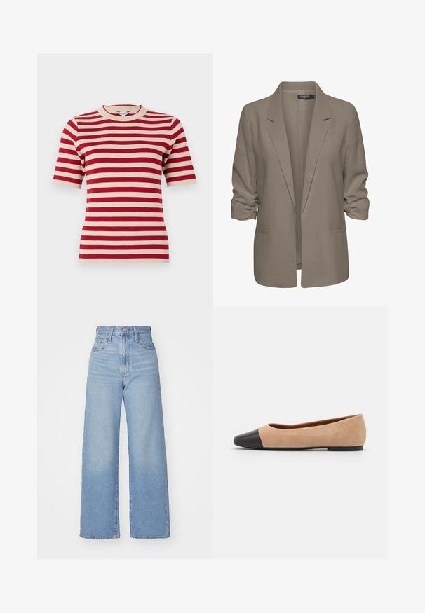 Beige lös passande blazer, tillverkad av mjukt tyg, har uppvikt ärmar, två sidofickor och en notch-lapel-design.; Röd och krämfärgad randig kortärmad stickad t-shirt med rund halsringning och ribbad textur. Jämnt fördelade ränder över tyget.; Ljusblå högmidjade vida jeans med knapp- och dragkedjestängning, fram- och bakfickor, mot en vit bakgrund.; Beige mockasins med rund svart lädertå, låg klack och mjuk yta, med minimal sömnad och en ren design.