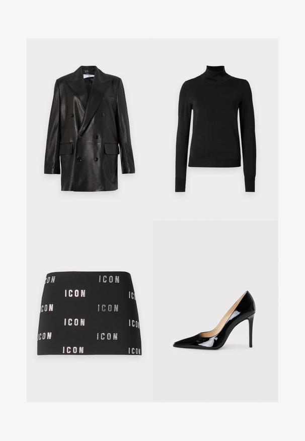 Musta nahkainen kaksirivinen bleiseri leveillä kauluksilla, etutaskuilla ja napitusyksityiskohdilla. Säihkeä pinta ja muotoiltu siluetti.; Musta pitkähihaisen pooloneuleen, jossa on ribbikuvioiset hihansuut ja helma, esitetty yksinkertaisella valkoisella taustalla.; Musta minihame, jossa on kimaltava "ICON"-teksti toistuvassa (kuvio)koon koko kankaan yli, sileä rakenne ja istuva malli.; Mustat patentoitu nahkakengät, joissa on korkea korko ja terävä kärki, luovat sulavan siluetin. Kengissä on sileä, kiiltävä pinta ja hoikka stiletto-korko.