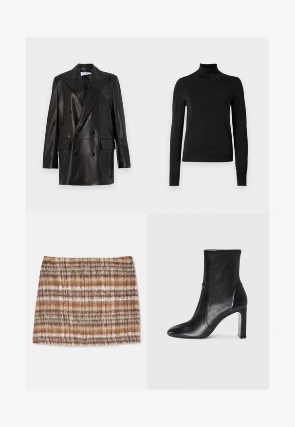 Fekete bőr, dupla gombos blézer széles hajtókákkal, elülső zsebekkel és gombdíszítéssel. Sima textúra, szabott sziluett.; Fekete, hosszú ujjú garbós pulóver bordás mandzsettákkal és aljjal, sima fehér háttér előtt bemutatva.; Kockás gyapjú szoknya, földszínekben: barna és bézs, puha tapintással. A dizájn vízszintes és függőleges csíkokat tartalmaz.; Fekete bőr bokacsizma elegáns dizájnnal, hegyes orral és magas blokksarkúval. Simának tűnő textúrával és minimalista varrási részletekkel rendelkezik.