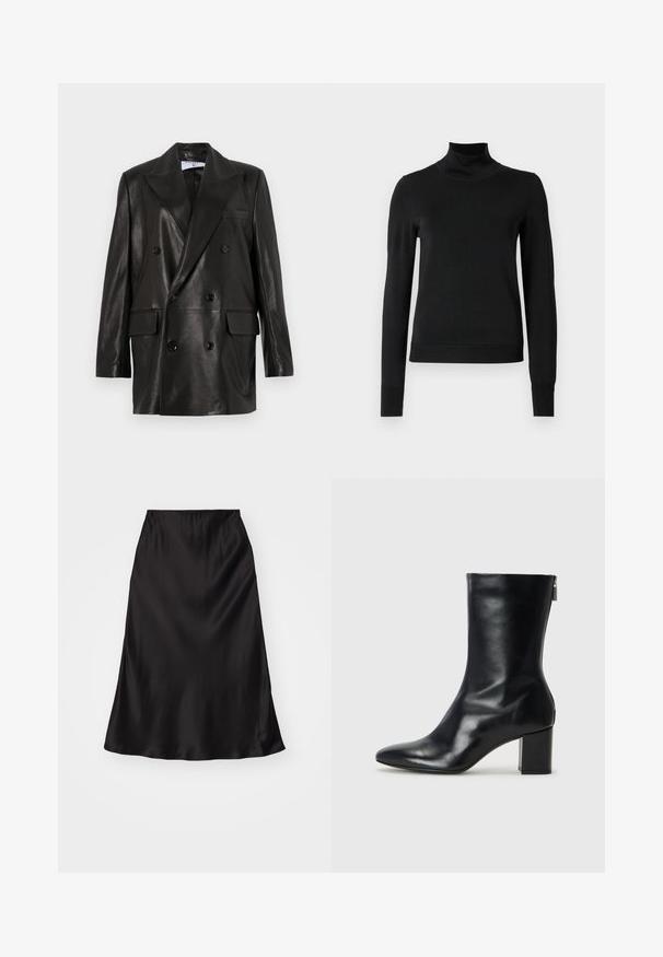 Schwarze Leder-Doppelreiher-Blazer mit breiten Revers, Fronttaschen und Knopfakzenten. Glatte Textur mit taillierter Silhouette.; Schwarzer Langarmrollkragenpullover mit gerippten Bündchen und Saum, auf einem schlichten weißen Hintergrund präsentiert.; Schwarzer Satin-Rock im Slip-Stil mit glatter Textur, ausgestellter Form und elastischem Bund. Minimalistisches Design, keine zusätzlichen Muster oder Akzente.; Schwarze Leder-Ankle-Boots mit spitzer Zehe und 4 cm Blockabsatz. Schlankes Design mit einem seitlichen Reißverschluss für einfaches Anziehen. Glatte Textur.