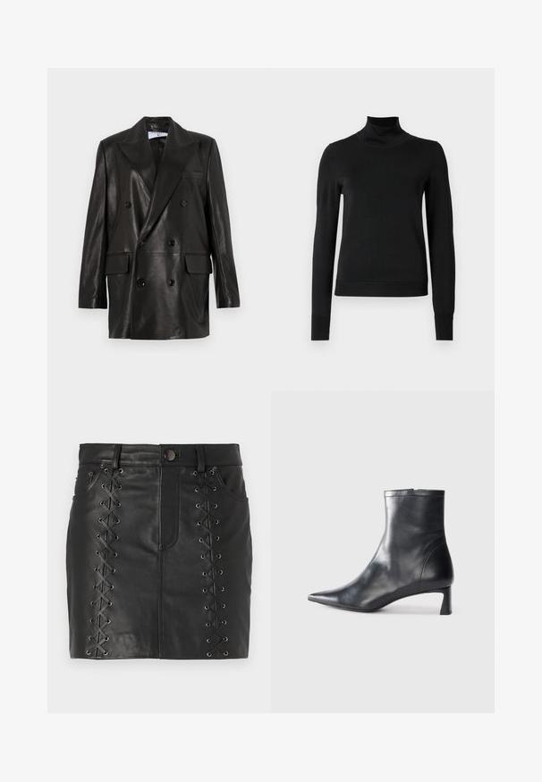 Blazer en cuir noir à double boutonnage avec larges revers, poches avant et accents en bouton. Texture lisse avec une silhouette cintrée.; Pull à col roulé noir à manches longues avec des poignets et un ourlet côtelés, présenté sur un fond blanc uni.; Mini-jupe en cuir noir avec un laçage sur les côtés agrémenté d'œillets en métal, design à cinq poches et silhouette ajustée.; Bottine en cuir noir avec un bout pointu et un design épuré. Présente un petit talon et une fermeture éclair à l'arrière. Texture lisse.