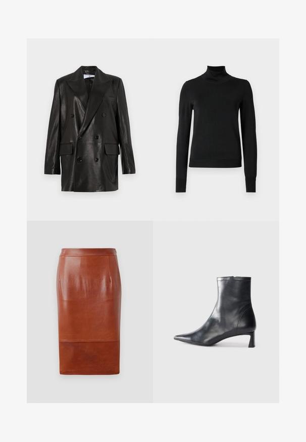 Czarna skórzana marynarka dwurzędowa z szerokimi klapami, przednimi kieszeniami i guzikami. Gładka tekstura z dopasowanym krojem.; Czarny sweter z długim rękawem i stojącym kołnierzem, z prążkowanymi mankietami i dołem, zaprezentowany na białym tle.; Brązowa skórzana spódnica ołówkowa o gładkiej teksturze, do kolan, z subtelnym połyskiem. Posiada dopasowaną talię i boczne kieszenie.; Czarne skórzane botki sięgające kostki z ostrym noskiem i eleganckim designem. Posiadają niski obcas oraz zamek błyskawiczny z tyłu. Gładka faktura.
