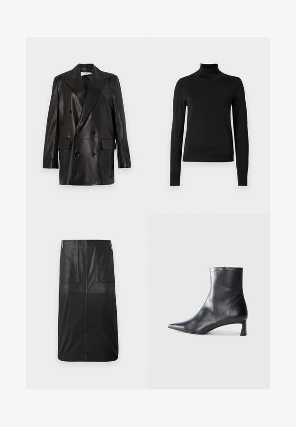 Schwarze Leder-Doppelreiher-Blazer mit breiten Revers, Fronttaschen und Knopfakzenten. Glatte Textur mit taillierter Silhouette.; Schwarzer Langarmrollkragenpullover mit gerippten Bündchen und Saum, auf einem schlichten weißen Hintergrund präsentiert.; Schwarzer Leder-Bleistiftrock, knielang, mit glatter Textur, vertikalen Nahtdetails und einem diskreten seitlichen Reißverschluss.; Schwarze Lederstiefelette mit spitzer Zehe und schlankem Design. Verfügt über einen niedrigen Absatz und einen Reißverschluss hinten. Glatte Textur.