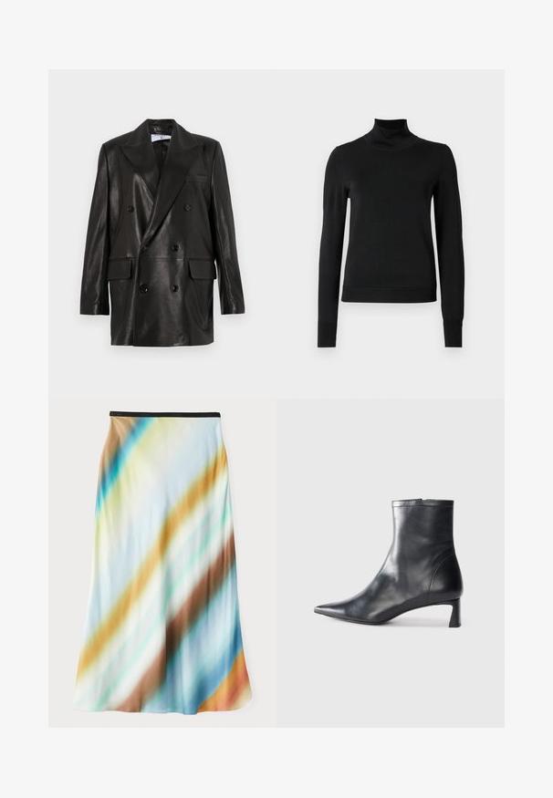 Czarna skórzana marynarka dwurzędowa z szerokimi klapami, przednimi kieszeniami i guzikami. Gładka tekstura z dopasowanym krojem.; Czarny sweter z długim rękawem i stojącym kołnierzem, z prążkowanymi mankietami i dołem, zaprezentowany na białym tle.; Midi spódnica z lekkiego, zwiewnego materiału. Posiada gradientowy wzór z ukośnymi paskami w kolorze niebieskim, brązowym i kremowym. Czarny pas.; Czarne skórzane botki sięgające kostki z ostrym noskiem i eleganckim designem. Posiadają niski obcas oraz zamek błyskawiczny z tyłu. Gładka faktura.