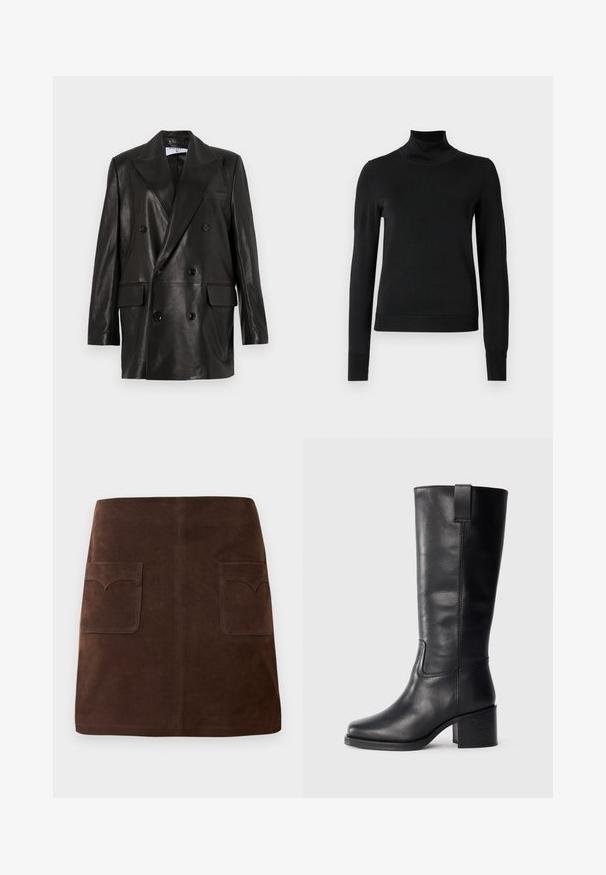 Blazer en cuir noir à double boutonnage avec larges revers, poches avant et accents en bouton. Texture lisse avec une silhouette cintrée.; Pull à col roulé noir à manches longues avec des poignets et un ourlet côtelés, présenté sur un fond blanc uni.; Jupe en suède marron présentant une silhouette A-line classique, deux poches avant avec des rabats arrondis et des détails de couture discrets.; Bottes en cuir noir montantes, avec une texture lisse, un nez carré, un talon bloc et une languette sur le côté, présentant des coutures minimales.