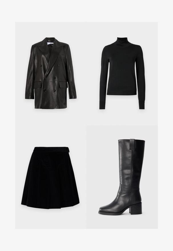 Blazer en cuir noir à double boutonnage avec larges revers, poches avant et accents en bouton. Texture lisse avec une silhouette cintrée.; Pull à col roulé noir à manches longues avec des poignets et un ourlet côtelés, présenté sur un fond blanc uni.; WEEKEND MaxMara ZUCCA - Jupe trapèze - nero; Bottes en cuir noir montantes, avec une texture lisse, un nez carré, un talon bloc et une languette sur le côté, présentant des coutures minimales.