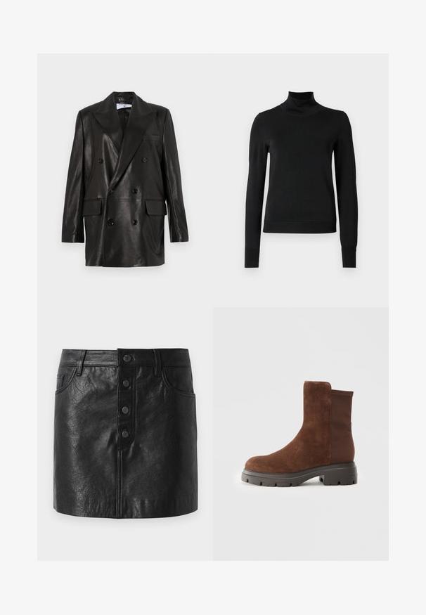 Schwarze Leder-Doppelreiher-Blazer mit breiten Revers, Fronttaschen und Knopfakzenten. Glatte Textur mit taillierter Silhouette.; Schwarzer Langarmrollkragenpullover mit gerippten Bündchen und Saum, auf einem schlichten weißen Hintergrund präsentiert.; Schwarzer Lederrock mit hohem Bund, vorderer Knopfverschluss, zwei Seitentaschen und leicht taillierter A-Linie. Strukturierte Oberfläche.; Braune Wildleder-Ankleboots mit elastischen Seitenpaneelen, runder Zehenform und einer dicken Gummisohle mit einem strukturierten Profil.